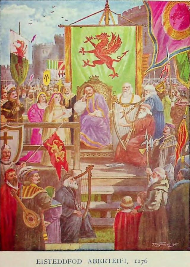 Colourful painting with a figure sitting on a throne at its centre