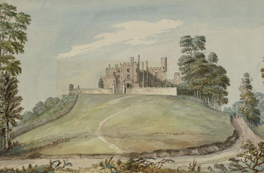 Peintiad o Gastell Powys yn y dirwedd