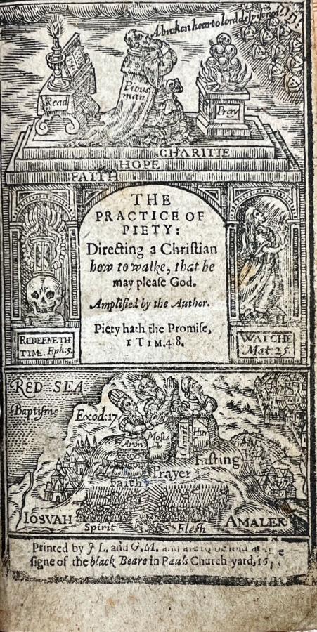 Black and white frontispiece of a treatise entitled 'The Practice of Piety'