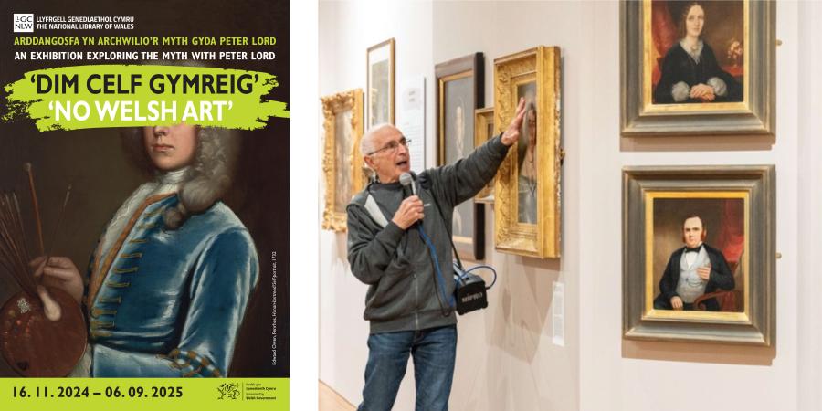 Poster with a self-portrait of a man holding paintbrushes. His face is obscured by a bright green mark with the title of the exhibition 'No Welsh Art'.