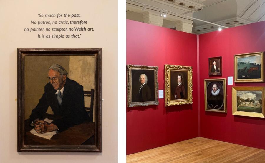 Portrait of William Griffith with a quote above it (left). Red wall with six paintings on it (right).