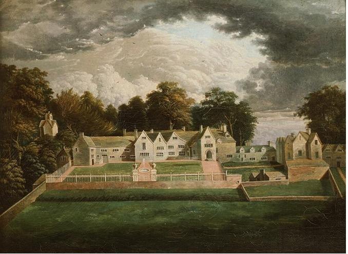 Painting of a grey house with lots of gables. Courtyards and lawn in the foreground and trees and a cloudy sky in the background.