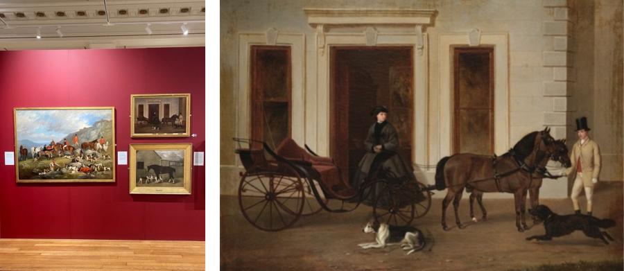 Red wall with three paintings displayed on it (left). Painting of a woman, two horses and a carriage, and a coachman, all stood in front of a house (right).