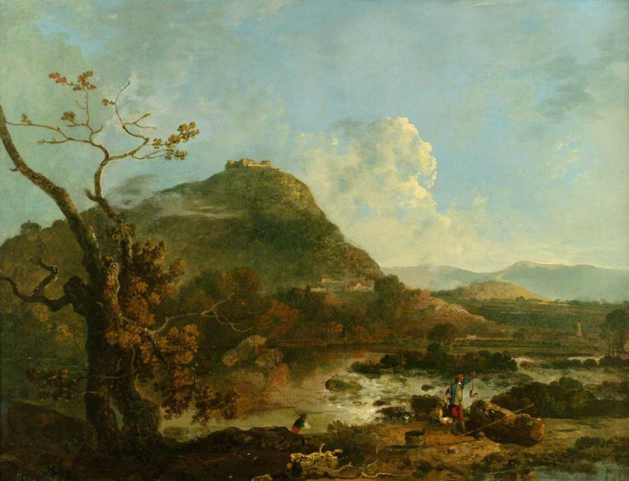 Landscape painting, the focal point of which is a mountain with a castle at the peak.