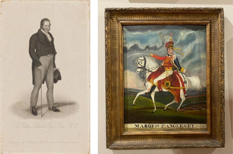 Etching of a man in a suit with a cane (left). Framed painting of a man in military uniform on a white horse (right). 