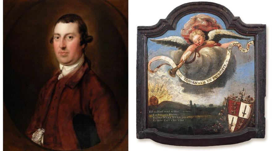 Portrait of a man in a red outfit, with a dark brown background (left). Painted panel (right).
