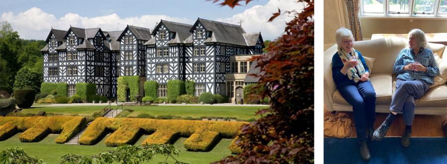Photograph of a black and white country house, Gregynog Hall (left). Photograph of two women sat chatting on a sofa (right).
