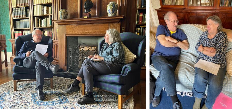 A man and a woman sat on seperate armchairs in conversation (left). A man and a woman sat on a sofa in conversation (right).