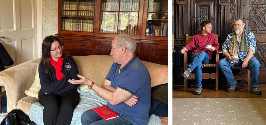 A man and a woman sat on a sofa in conversation (right). Two men sat in conversation with cups of tea in front of ornate wooden panelling (right).