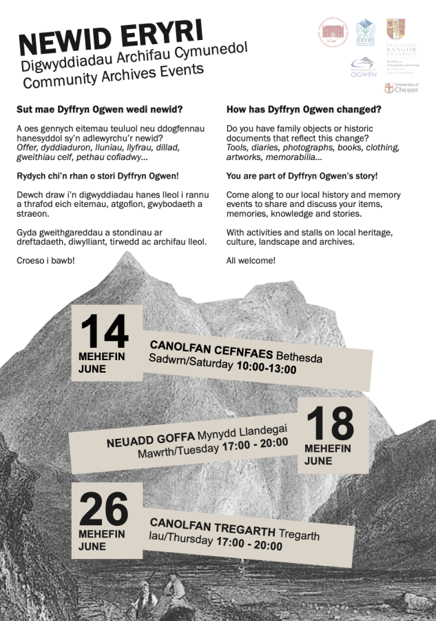 Poster for 'Newid Eryri' event with an etching of Eryri and information text.