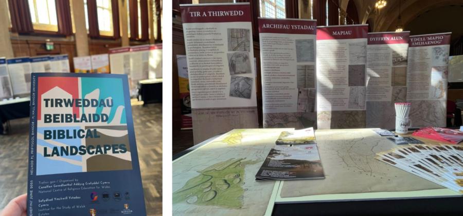 A colourful flyer advertising the Biblical Landscapes event on the left and a series of pop-ups with historical information on the right