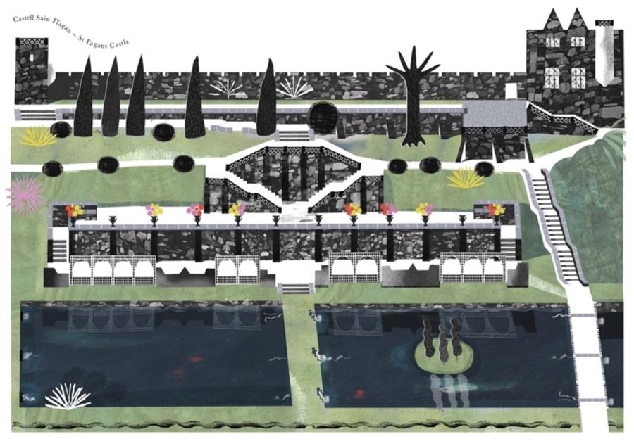 Colourful illustration of terraces and fishponds