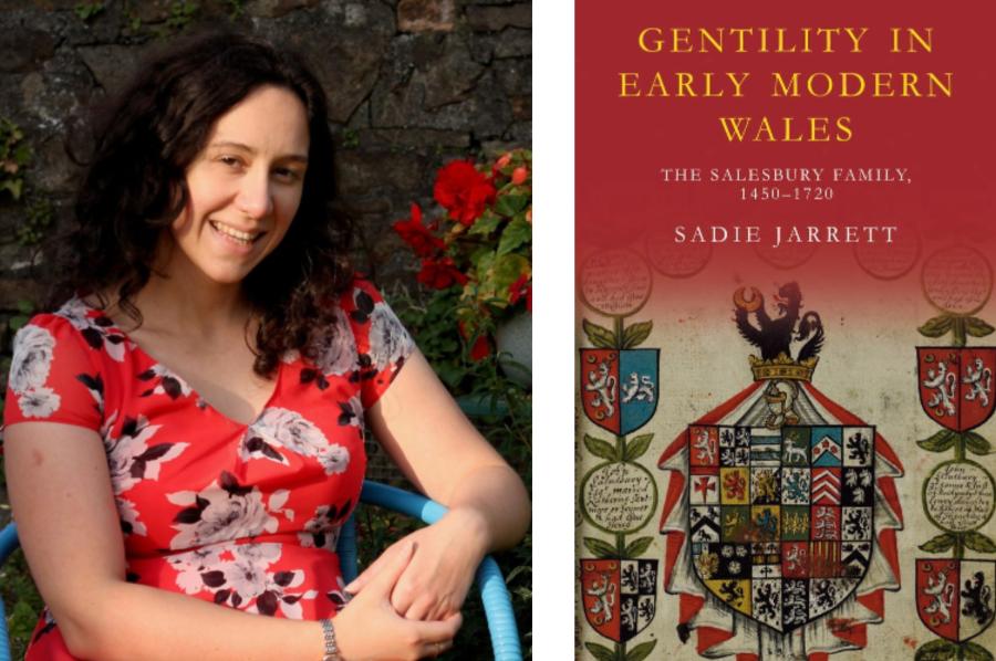 Dr Sadie Jarrett yn eistedd mewn cadair las yn erbyn cefndir wal gerrig (chwith). Clawr llyfr Dr Jarrett, yn cynnwys arfbais chwarterol (dde).