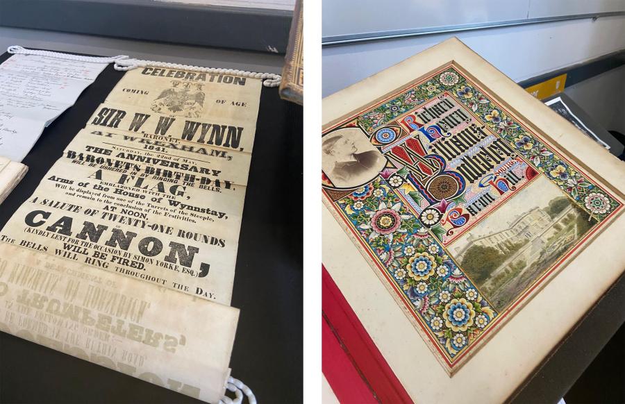 An old document consisting of bold black text laid out on a table on the left. An book opened to a colourful page with caligraphy, a photo of a man, and a photo of a country house on the right.