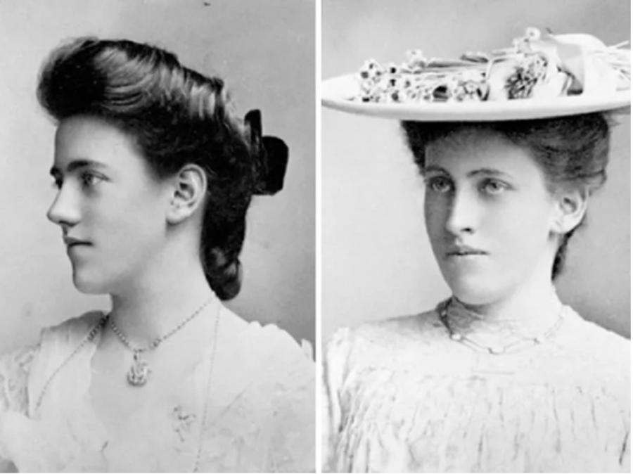 Ffotograffau du a gwyn ochr yn ochr o'r ddwy chwaer. Mae'r chwaer ar y chwith yn gwisgo het fawr.