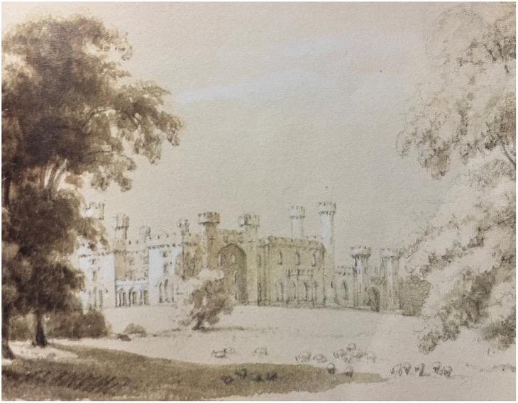 A drawing of a house with crenellations, with trees framing the view. 