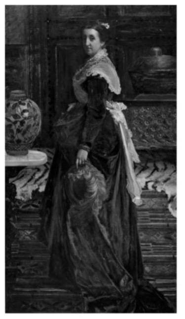 Black and white painting of the full side profile of a woman