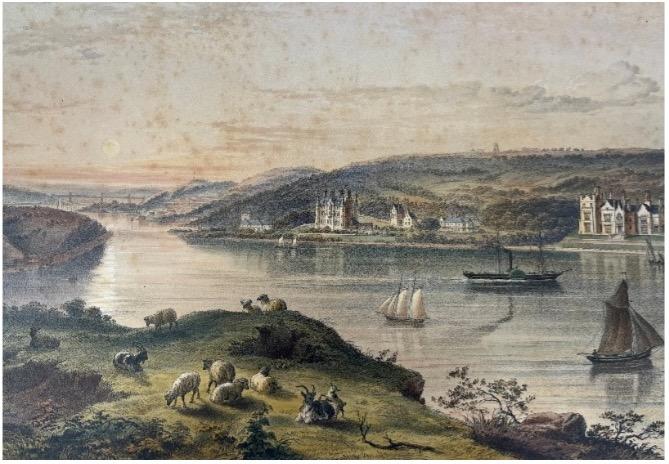 A colour painting of the straights with a Gothic manor on the shores