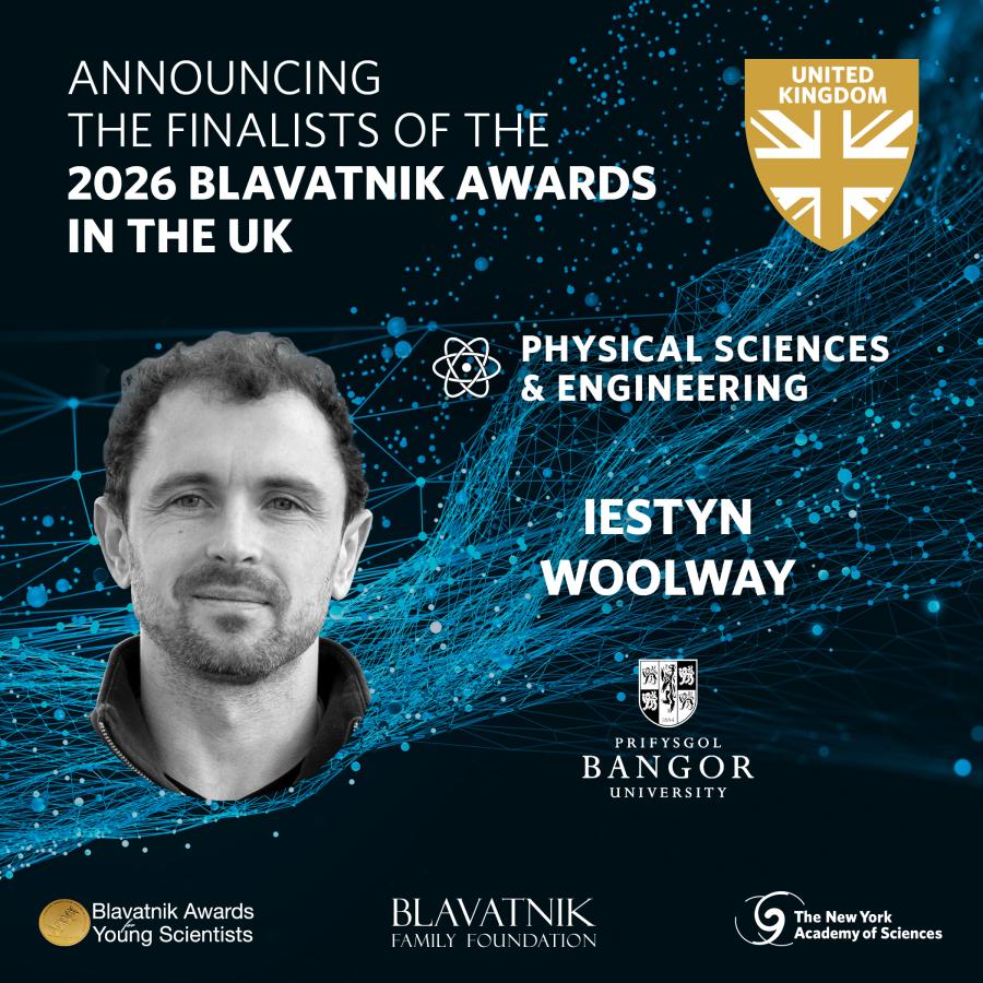 Graphic announcing a finalist for the 2026 Blavatnik Awards in the UK. The background features blue flowing data-like lines. Text highlights the Physical Sciences & Engineering category and the name Iestyn Woolway. Logos for Bangor University, the Blavatnik Awards Young Scientists, the Blavatnik Family Foundation, and The New York Academy of Sciences appear at the bottom, with a gold United Kingdom emblem at the top right.