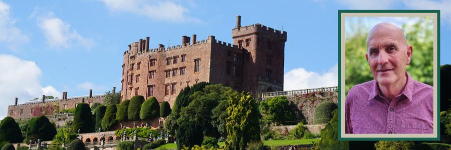 Ffotograff yn edrych i fyny at gastell cochlyd o'r gwaelod. Mae ffotograff o Dr Melvin Humphreys yn gwisgo crys pinc wedi'i osod ar yr ochr dde.