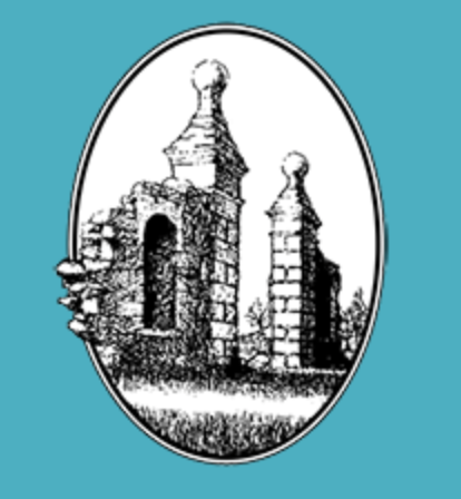 Darlun du a gwyn o borth, wedi'i osod yn erbyn cefndir turquoise.