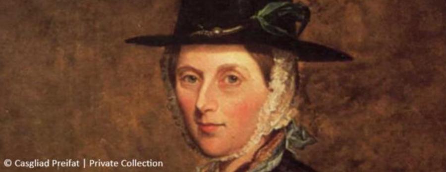 Portread o'r Arglwyddes Llanover yn gwisgo het ddu.