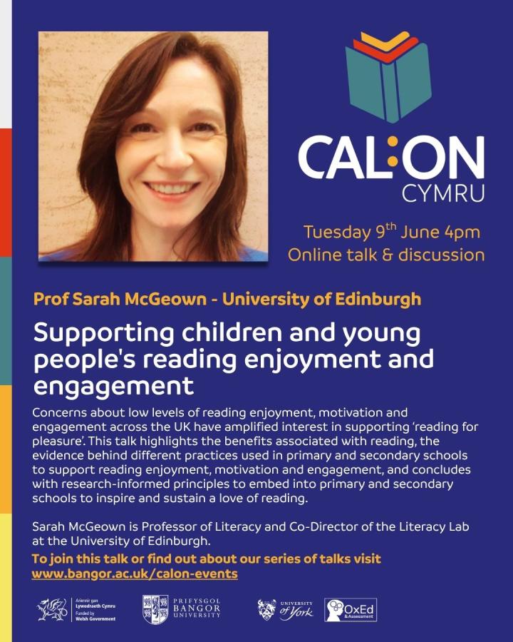 Advert for CAL:ON literacy talk with Prof Sarah McGeown