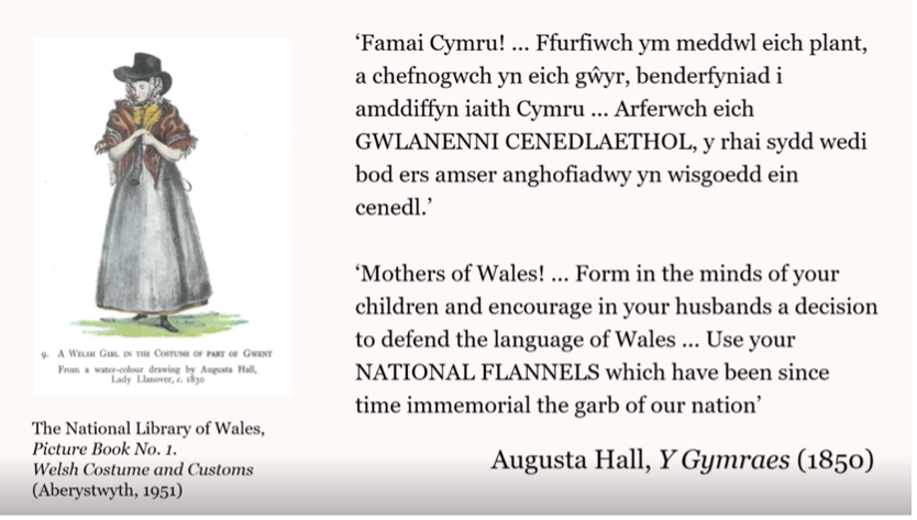 Sleid PowerPoint gyda darlun o fenyw mewn gwisg Gymreig ar y chwith a dyfyniad ar y dde.