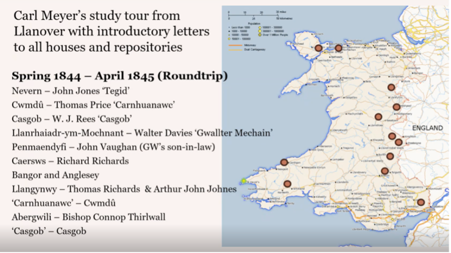 Sleid PowerPoint gyda map o Gymru ar y dde a rhestr o dai Cymru ar y chwith.