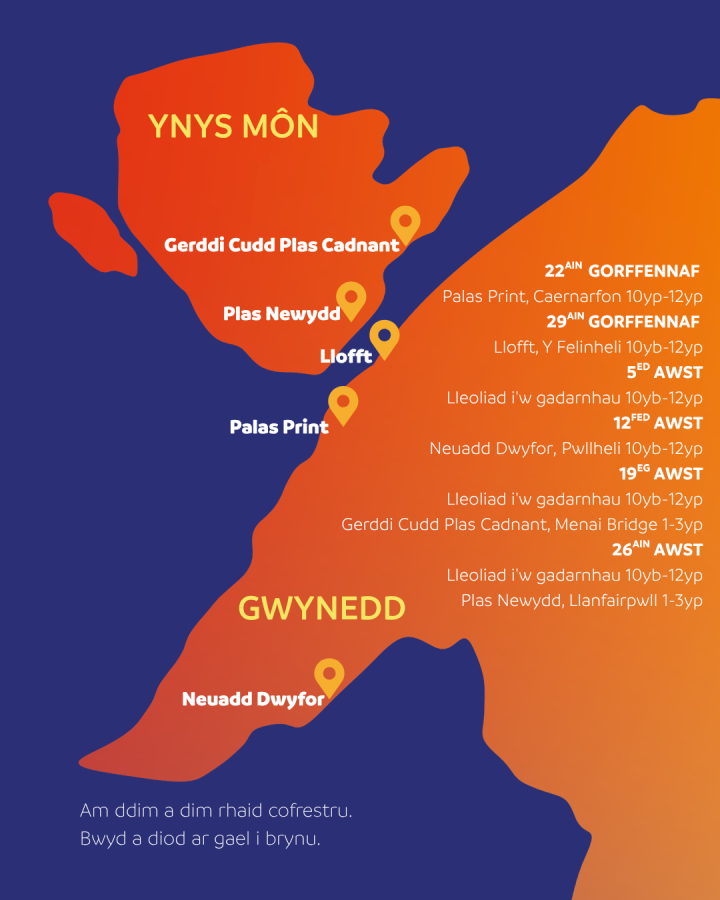 Map yn dangos lleoliad sesiynau darllen yr haf yng Ngwynedd ac Ynys Môn
