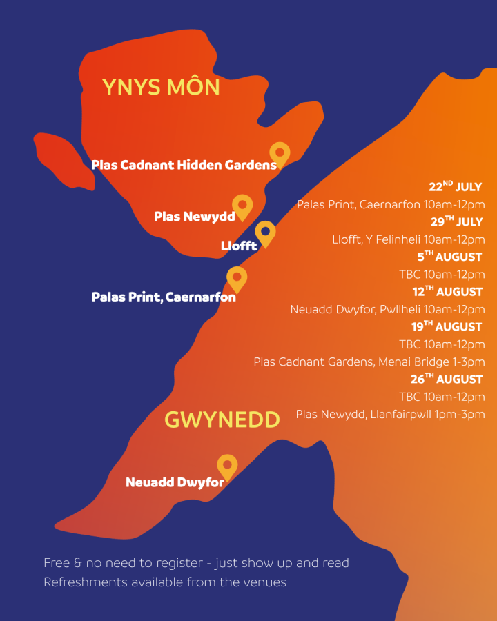 Map showing summer reading sessions locations in Anglesey and Gwynedd