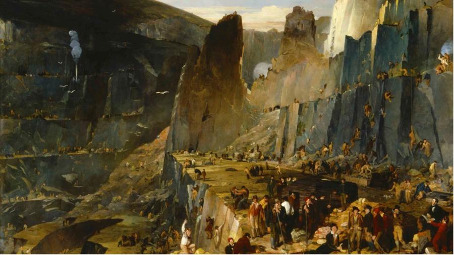 A painting of a quarry scene, with lots of people gathered on one level.