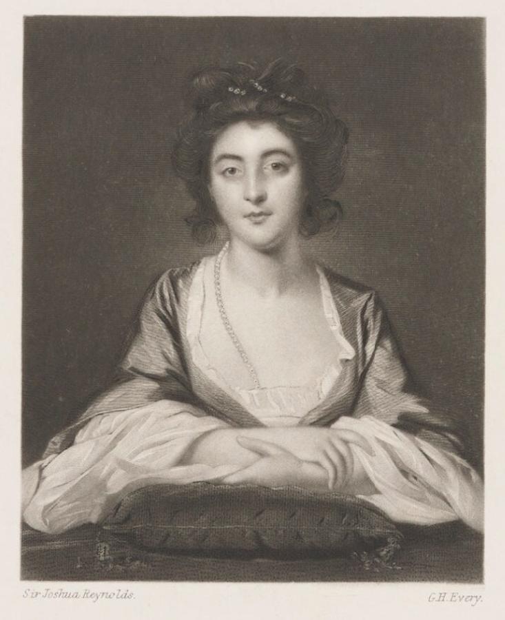 Mezzotint yn darlunio menyw ifanc â'i breichiau wedi'u croesi, yn pwyso ar glustog.