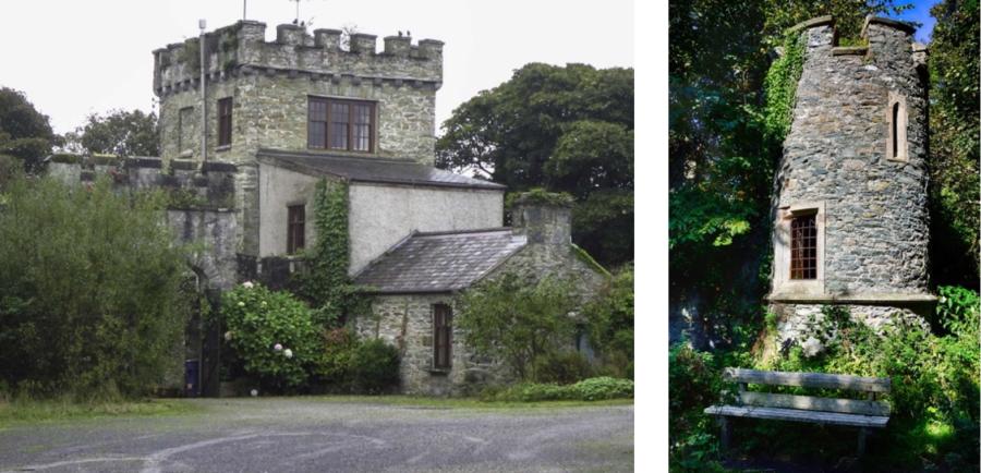 Mae'r ffotograff ar y chwith yn dangos tŵr sgwâr gyda chilfachau amddiffynnol, ac mae'r ffotograff ar y dde yn dangos tŵr crwn, main.