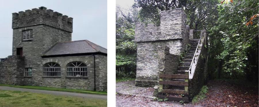 Mae'r ffotograff ar y chwith yn dangos tŵr sgwâr gyda chreneliadau, ynghlwm wrth adeilad unllawr sydd â dau ffenestr fawr â phennau bwaog. Mae'r ffotograff ar y dde yn dangos tŵr tebyg gyda grisiau carreg yn arwain at y to.