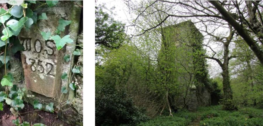 Mae'r ffotograff ar y chwith yn dangos piler carreg gydag arysgrif, wedi'i amgylchynu gan eiddew. Mae'r ffotograff ar y chwith yn dangos tŵr carreg i'w weld drwy'r coed.