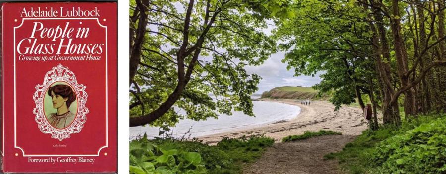 Mae'r ddelwedd ar y dde yn glawr llyfr gyda chefndir coch, testun gwyn, a phaentiad hirgrwn o ddynes yn y canol. Mae'r ffotograff ar y dde yn dangos traeth wrth edrych drwy agoriad mewn coetir.