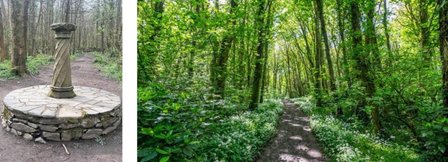 Mae'r ffotograff ar y chwith yn dangos cloc haul carreg sy'n debyg i golofn, wedi'i osod ar sylfaen gron, mewn coetir. Mae'r ffotograff ar y dde yn dangos llwybr trwy goetir gwyrdd.