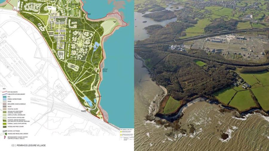 Mae'r ddelwedd ar y dde yn dangos map lliwgar o benrhyn, gyda llawer o adeiladau wedi'u nodi. Mae'r ffotograff ar y dde yn dangos golygfa o'r awyr o'r un penrhyn, wedi'i orchuddio â chaeau a choetir.