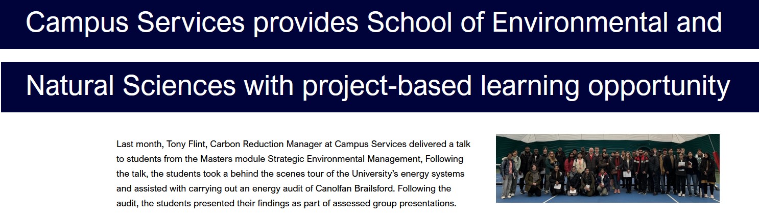Campus Services provides School of Environmental and Natural Sciences with project-based learning opportunity